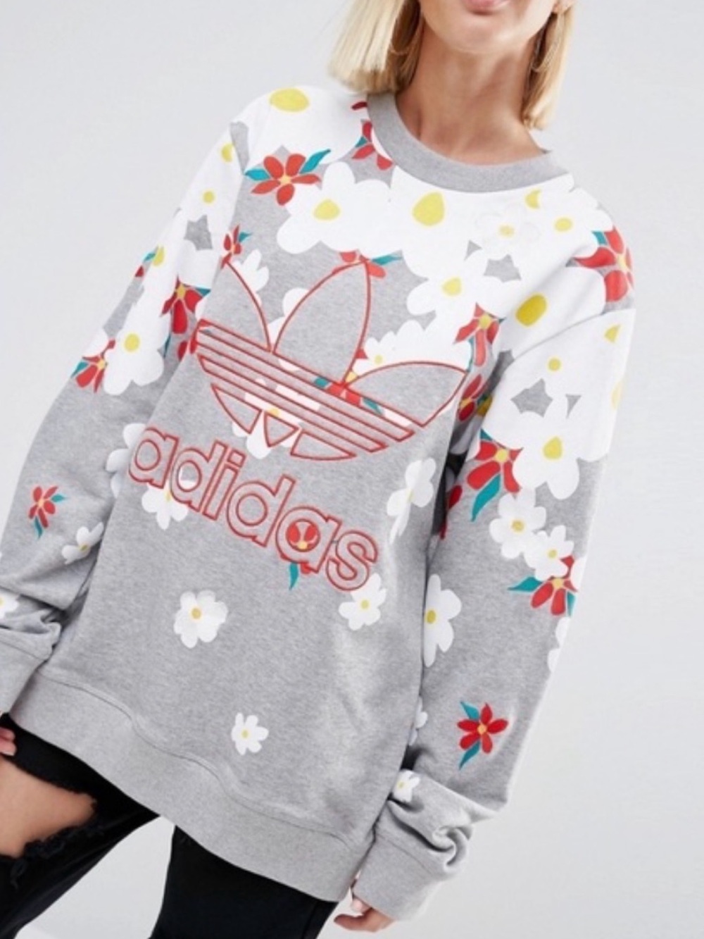 Adidas X Pharrell Williams Daisy Unisex Sweatshirt, Size L, Color Gray/White/Red